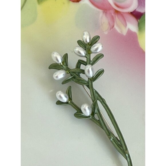 Vintage 60's Green Enamel Faux Pearl Spray Brooch Pin - Picture 4 of 9